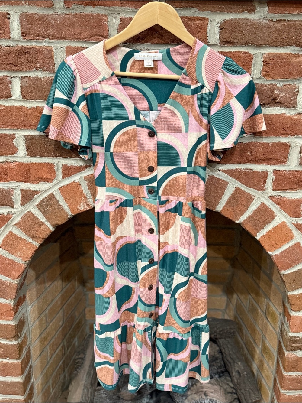 Monteau Button-Front Geometric Midi Dress in Teal, Pink & Tan